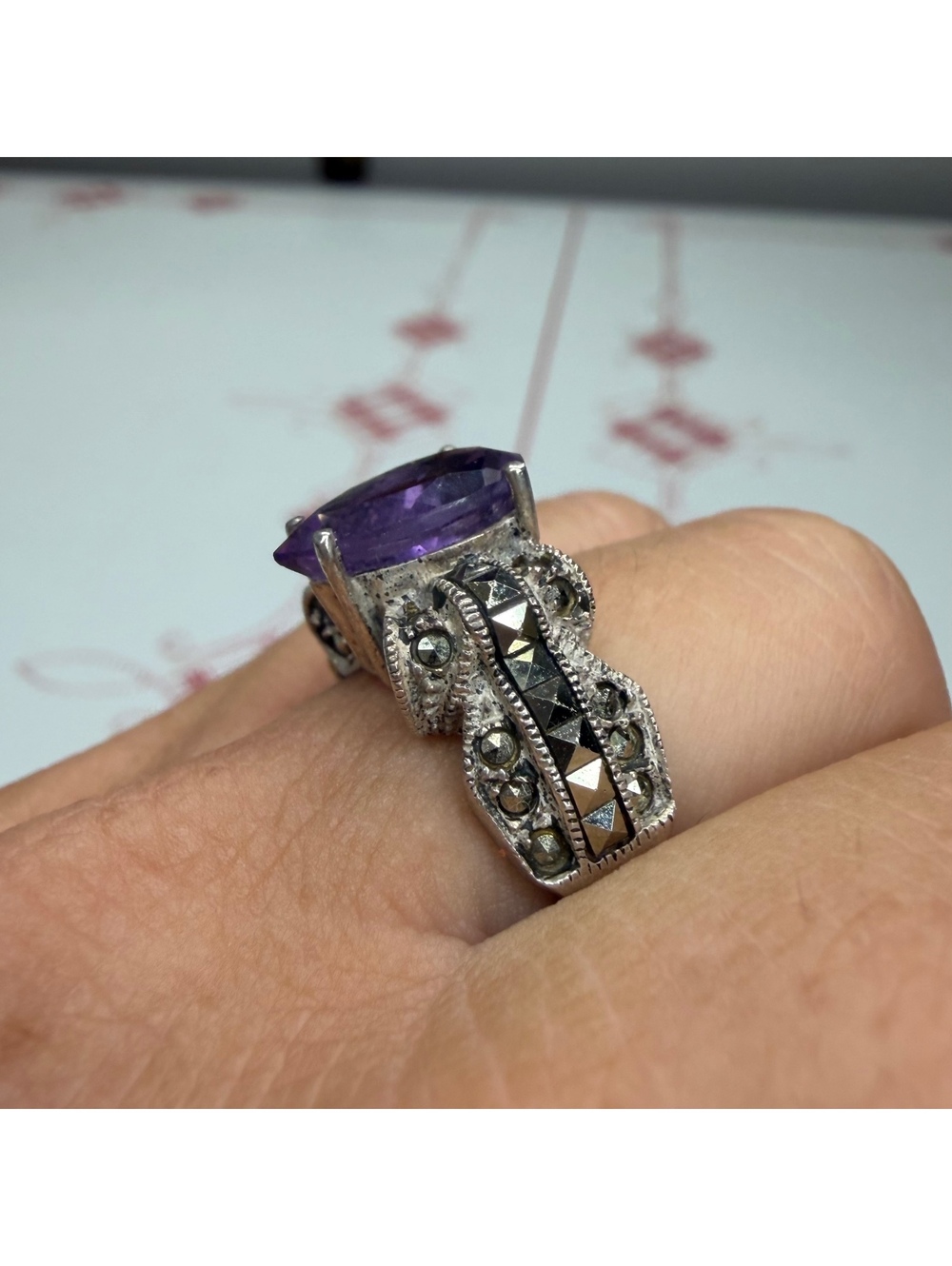 Judith Jack amethyst marcasite & sterling ring size 8 vintage - Picture 3 of 6